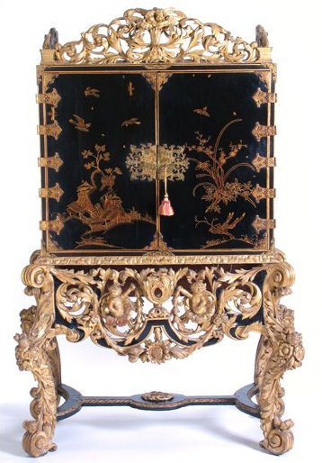 WILLIAM AND MARY BLACK JAPANNED CHEST ON STAND