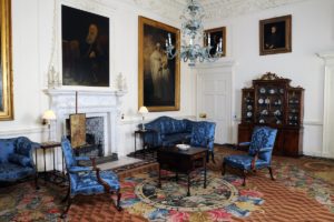 The drawing room, Dumfries House, with blue damask upholstery