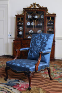 ‘French’ chair, as executed by Chippendale. Modern blue damask, matching the period original